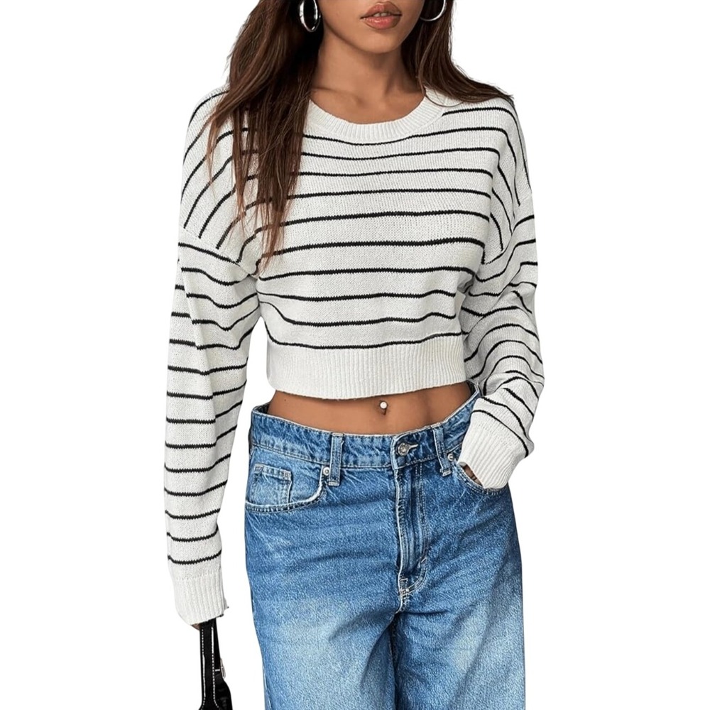 T Tahari Womens Striped Cropped Sweater Ivory Black Crew Neck XS RN93178